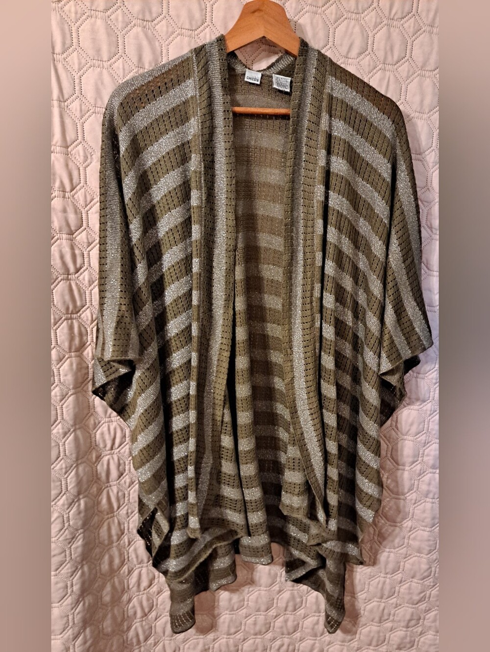 Chicos Striped Olive Open Knit Poncho Sweater Wrap OS